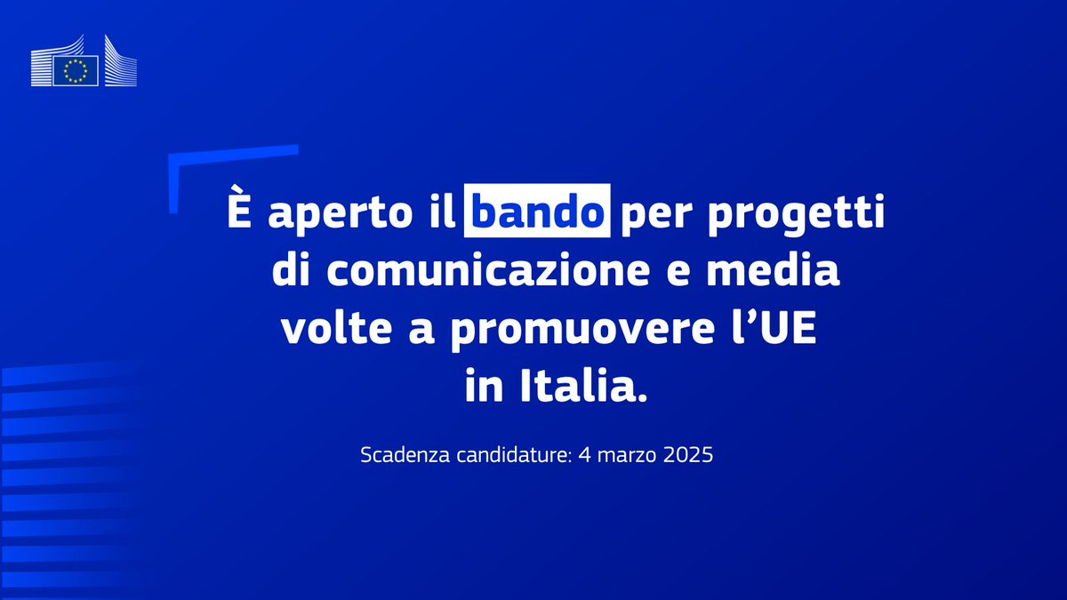 ❗️Opportunità di finanziamento per progetti di comunicazione sull’UE in Italia!

Abbiamo lanciato oggi il bando per sovvenzioni (grants) dedicato a raccontare l’UE in modo innovativo ed efficace, in particolare ai giovani.

Tutte le info sul bando: italy.representation.ec.europa.eu/imprese-e-fina…