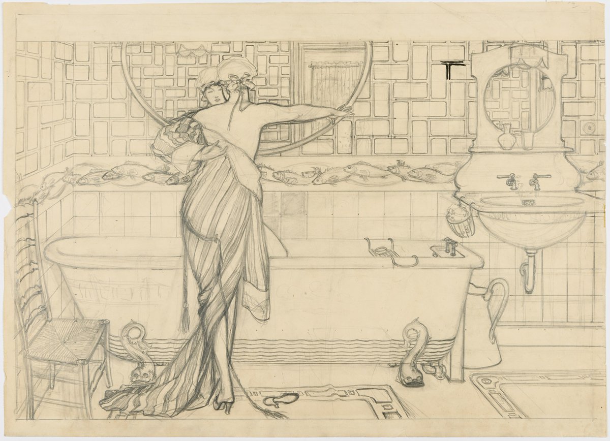 Today's <a href="/artukdotorg/">Art UK</a> #onlineartexchange is "interiors &amp; homes" for Dora Carrington: Beyond Bloomsbury
<a href="/PallantGallery/">Pallant House Gallery</a>.

This is Charles Robinson Sykes' "Woman stepping into a bath", undated. (He is best known for designing the iconic Spirit of Ecstasy mascot on #RollsRoyce cars)