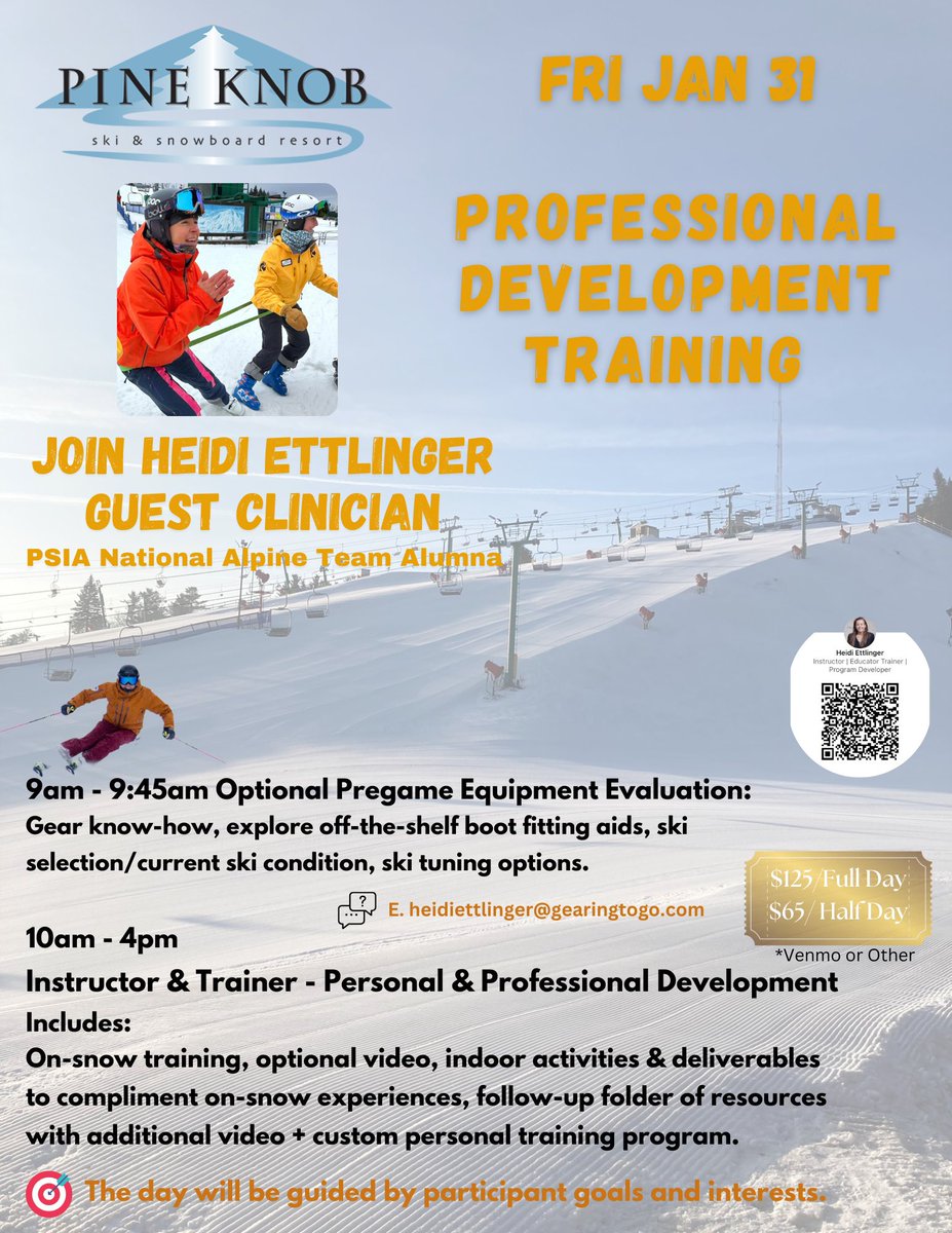 PineKnobSkiing's tweet photo. ๐ Experience elite training at Pine Knob! ๐ Join renowned clinician Heidi Ettlinger for clinics on Jan 30 & Jan 31.
โท๏ธ Learn more & register:
https://t.co/1iAnEWsq6D
#EliteTraining #SkiClinic #WomenInSnowsports #SkiPineKnob #SkiCoach #SkiInstructors #SnowSportProfessionals ๐งต https://t.co/aw9gshBmlI