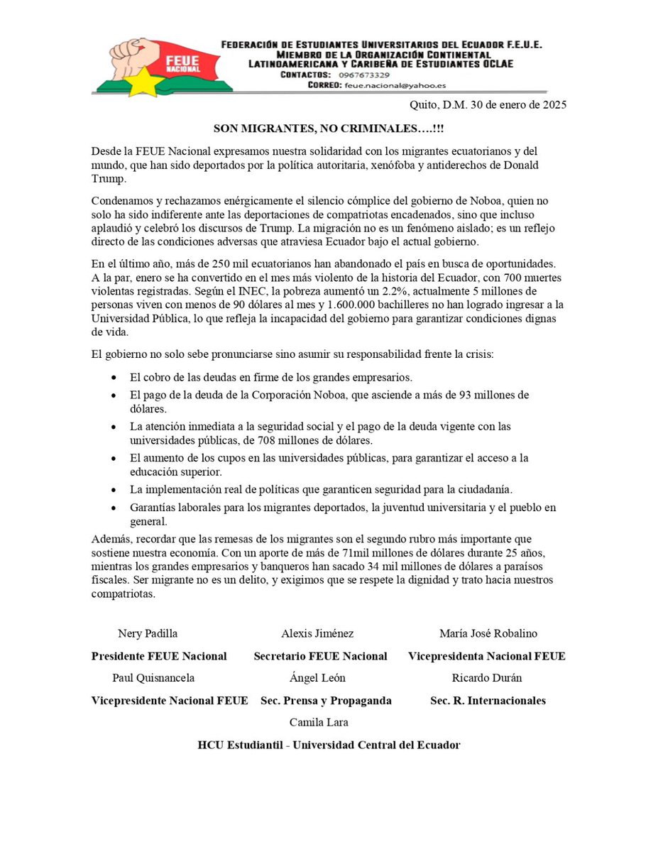 FEUE NACIONAL (@feuenac_ecuador) on Twitter photo SON MIGRANTES, NO CRIMINALES..!!
Pronunciamiento de la FEUE Nacional frente a la política xenófoba de Trump y el silencio de <a href="/DanielNoboaOk/">Daniel Noboa Azin</a>
#MigrantesNoSonDelincuentes SON MIGRANTES, NO CRIMINALES..!!
Pronunciamiento de la FEUE Nacional frente a la política xenófoba de Trump y el silencio de <a href="/DanielNoboaOk/">Daniel Noboa Azin</a>
#MigrantesNoSonDelincuentes