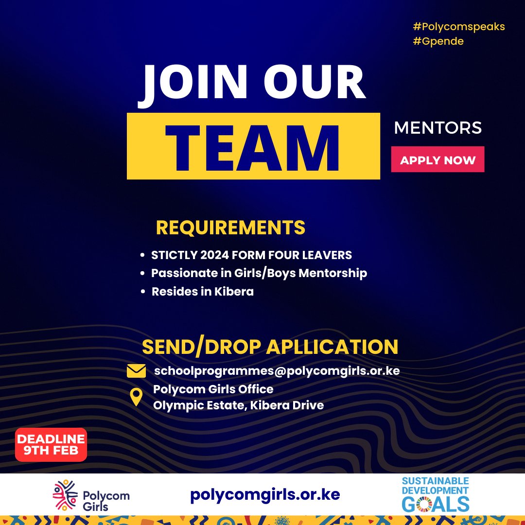 Polycom Girls ๐๐๐ (@polycomdev) on Twitter photo Calling all 2024 Form Four graduates (Female/Male) residing in Kibera Sub-County with a passion for mentorship!
Join <a href="/polycomdev/">Polycom Girls ๐๐๐</a> on a transformative journey to empower adolescent girls & boys in Sexual and Reproductive Health, Life Skills and Advocacy against Sexual Harassment. Calling all 2024 Form Four graduates (Female/Male) residing in Kibera Sub-County with a passion for mentorship!
Join <a href="/polycomdev/">Polycom Girls ๐๐๐</a> on a transformative journey to empower adolescent girls & boys in Sexual and Reproductive Health, Life Skills and Advocacy against Sexual Harassment.