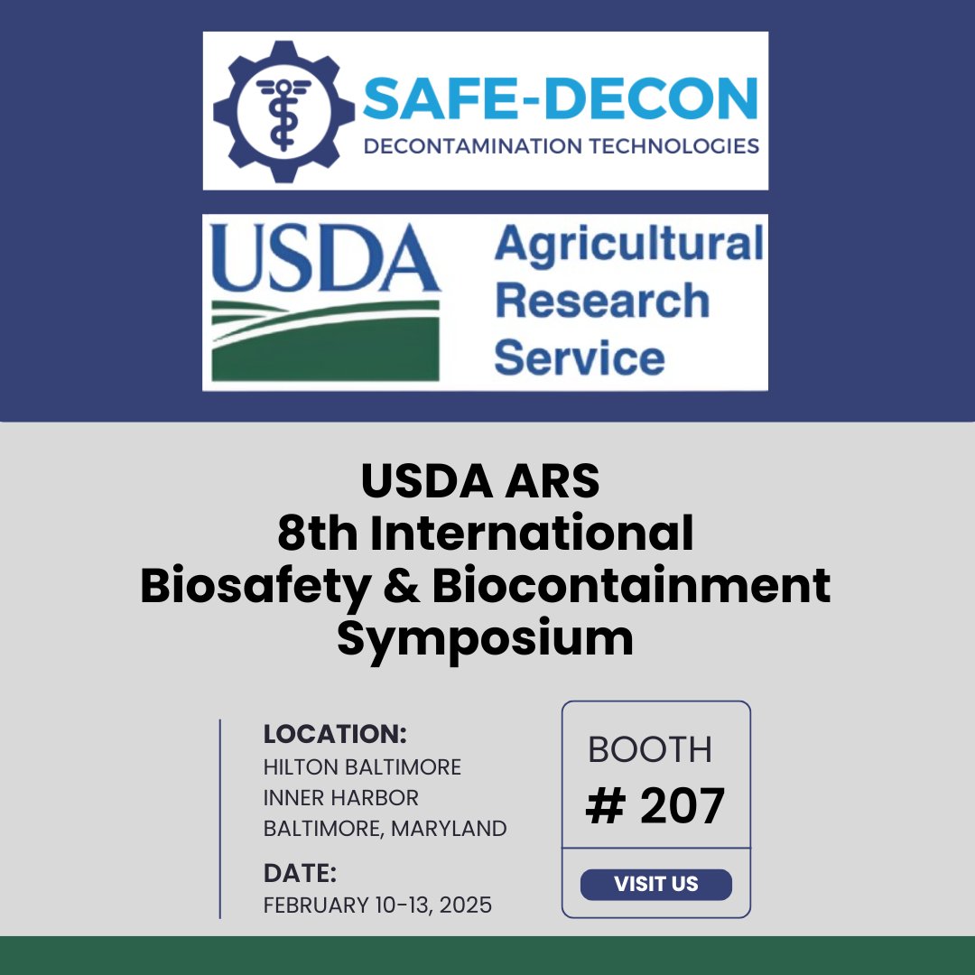 SafeDecon's tweet photo. Thrilled to announce that Safe-Decon will be at the USDA ARS 8th International Biosafety & Biocontainment Symposium!
Visit us at booth #207.
#Biosafety #Biocontainment #Symposium #SafeDecon #USDAARS https://t.co/OOyrHJGFCY