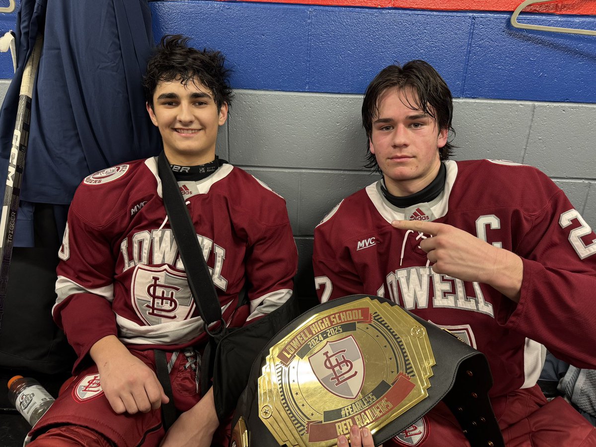 Danny Gleason (left) earned the belt with a goal and a broken collarbone in our 4-0 win over Quincy.  Captain Nate Dodge (right) presenting the belt also scored.  #fearless