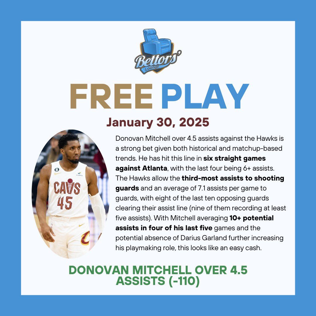 🚨FREE PLAY 🏀💰

Free Play Record: 12-9 (57.14%)

All-Time Unit Total: +501.78

#LetEmKnow #TrueToAtlanta #DonovanMitchell #NBA #NBABets #FreePlay #SportsGambling