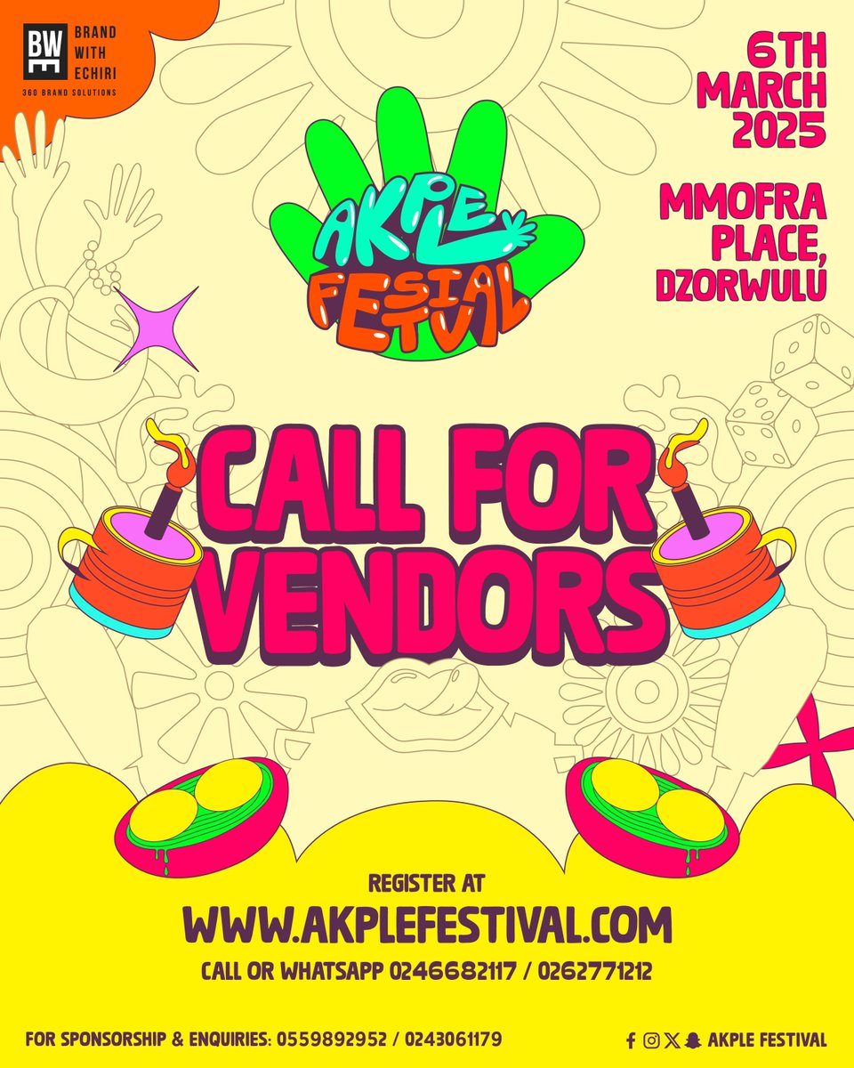 AkpleFestival's tweet photo. The best Popup Market &amp; the most Exciting Food Festival is back! 🎉🔥 Join us as we celebrate 5 years of pure vibes! 🍲🎶✨

Secure your spot now! 👉 Log onto https://t.co/4d0w9mFltl to register. https://t.co/tE2GqULMDm