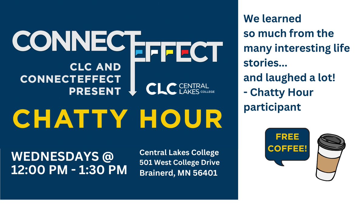 clcmnedu's tweet image. Chatty Hour is BACK! 🎉

Looking for a fun way to connect, unwind, and spark great conversations? Join us every Wednesday from 12–1:30pm in the Brainerd campus cafeteria for Chatty Hour! ☕💬

#connecteffect