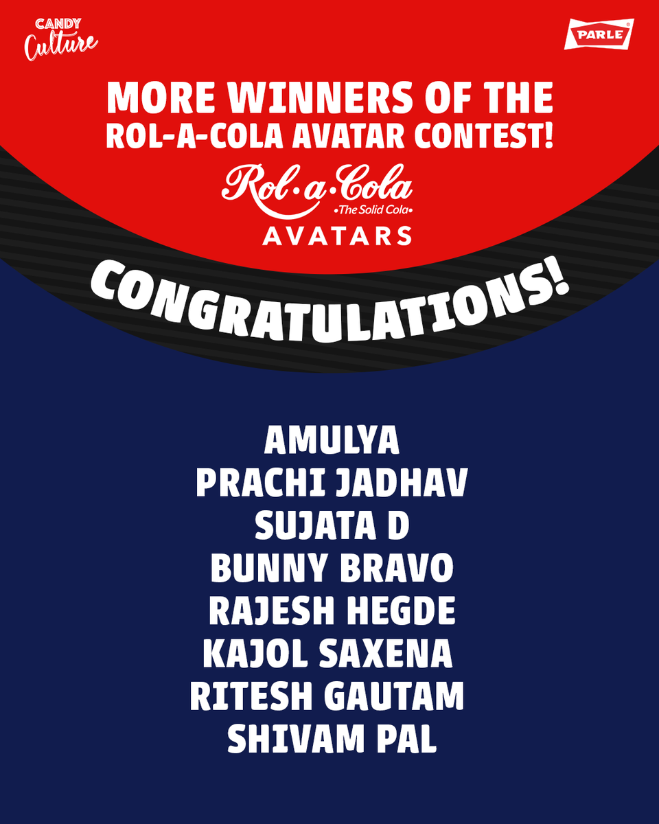 ParleCandy's tweet photo. The winner's list is so long that we needed a second post to announce all their names! Our heartfelt congratulations to all of them.

Please DM us your details.

#Parle #ParleCandyCulture #ParleProducts #ParleCandy #Candy #RolaCola #TheSolidCola #Winners #WinnerAnnouncement https://t.co/VuGXoMBtBJ