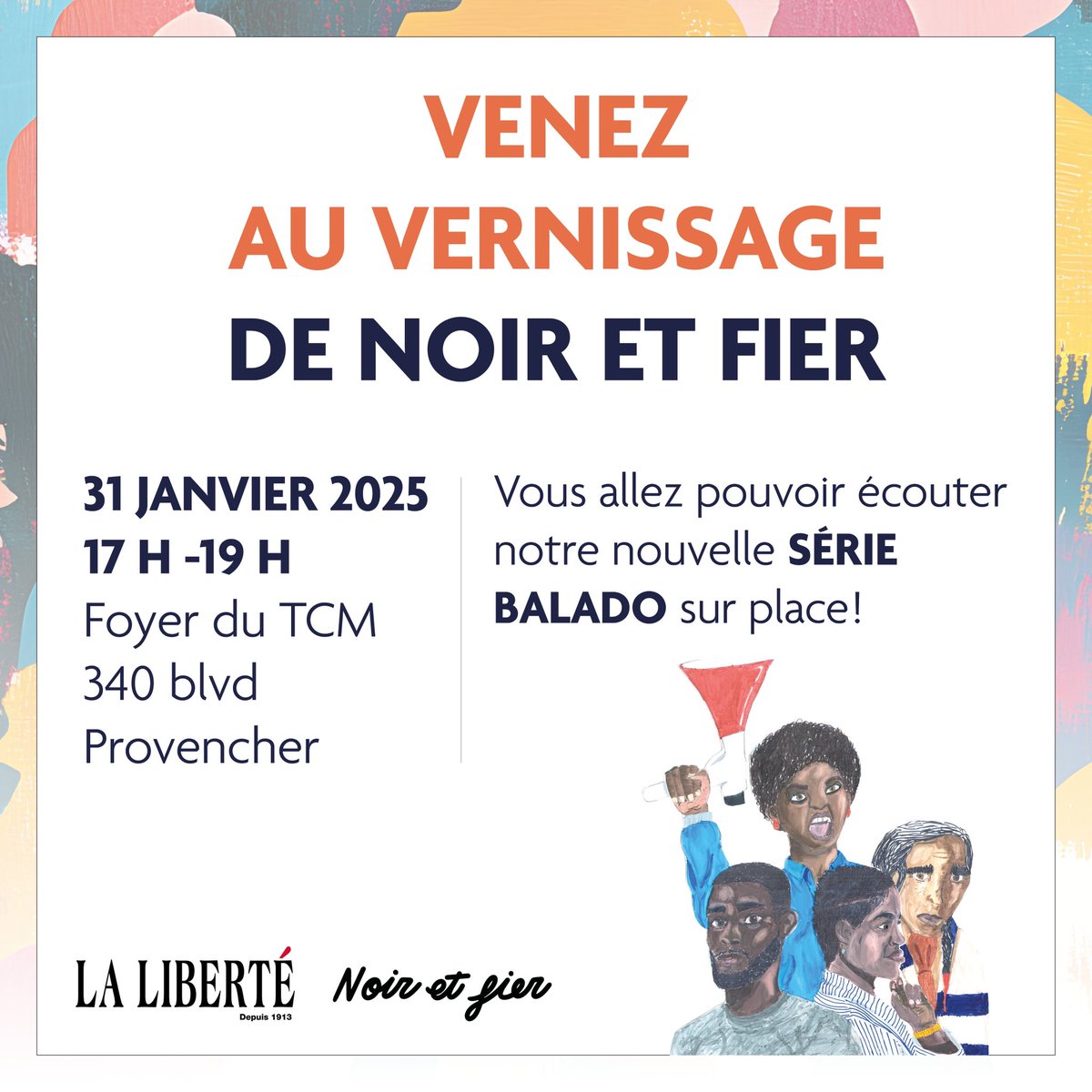 🎭Venez au vernissage de l’exposition Noir et Fier au Théâtre Cercle Molière, ce vendredi, et découvrez en avant-première notre série balado “À Voix Haute”, présentée lors de cette soirée gratuite. En plus, certain.e.s des participant.e.s du balado seront présent.e.s!