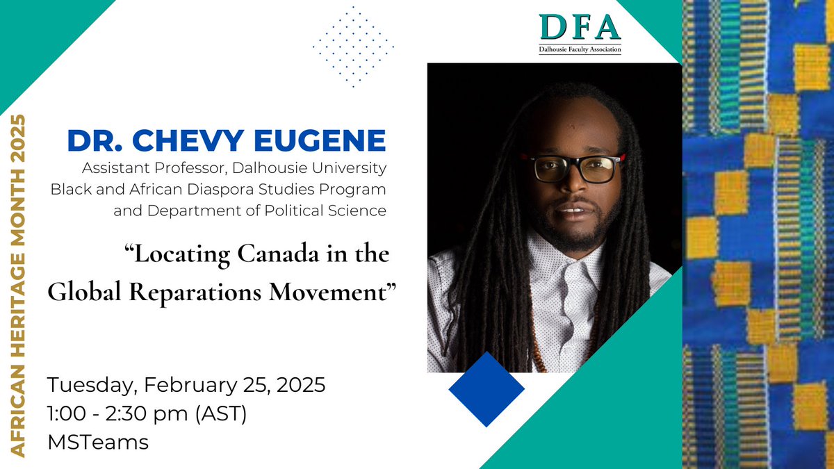 Dalhousie Faculty Association (@dalfacultyassoc) on Twitter photo Please join us Feb 25 to hear Dr. Chevy Eugene, one of the Global Top 100 Most Influential People of African Descent (politics & governance). Open to all. For the Teams link: email DFA Comms Officer Catherine.Wall@dal.ca <a href="/DalhousieU/">Dalhousie University</a> <a href="/ANSUT_Tweets/">ANSUT</a> <a href="/CAUT_ACPPU/">CAUT/ACPPU</a> <a href="/CCPANS/">CCPA-NS</a> Please join us Feb 25 to hear Dr. Chevy Eugene, one of the Global Top 100 Most Influential People of African Descent (politics & governance). Open to all. For the Teams link: email DFA Comms Officer Catherine.Wall@dal.ca <a href="/DalhousieU/">Dalhousie University</a> <a href="/ANSUT_Tweets/">ANSUT</a> <a href="/CAUT_ACPPU/">CAUT/ACPPU</a> <a href="/CCPANS/">CCPA-NS</a>