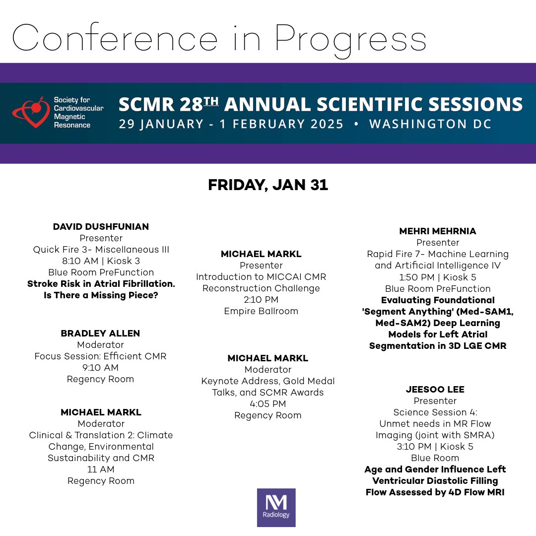 Northwestern Radiology (@nuradiology) on Twitter photo Don't miss presentations/moderation by David Dushfunian, Bradley Allen, Michael Markl, Mehri Mehrnia and Jeesoo Lee on Friday at #SCMR2025. <a href="/SCMRorg/">Society for Cardiovascular Magnetic Resonance</a> <a href="/DavidDushfunian/">David Dushfunian</a> @bdallen6 Don't miss presentations/moderation by David Dushfunian, Bradley Allen, Michael Markl, Mehri Mehrnia and Jeesoo Lee on Friday at #SCMR2025. <a href="/SCMRorg/">Society for Cardiovascular Magnetic Resonance</a> <a href="/DavidDushfunian/">David Dushfunian</a> @bdallen6