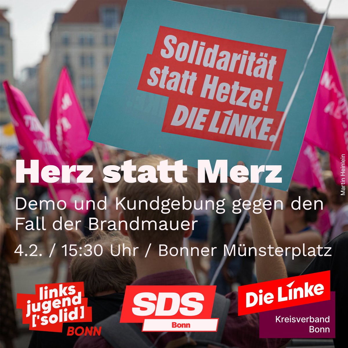 UPDATE: Ortsänderung!
Am 04.02.2025 kommt #FriedrichMerz nach Bonn! Zeigen wir ihm, dass wir den Fall der #Brandmauer nicht hinnehmen!  Keine Zusammenarbeit mit Faschist*innen!  Keine Gesetze mit den Stimmen der #AfD! 
Kommt zur Demo, 04.02.2025 ab 15:30 Uhr auf dem MÜNSTERPLATZ!