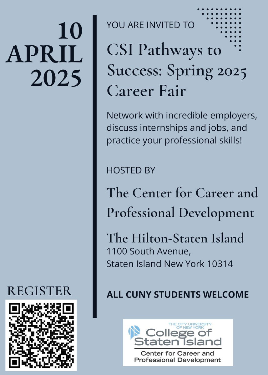 Join us at the CSI Pathways to Success: Spring 2025 Career Fair! Connect with top employers, hone your career skills, and potentially secure your dream internship or job! Open to all CSI and CUNY students and alumni. #CareerFair #CSICUNY #weareCSI
