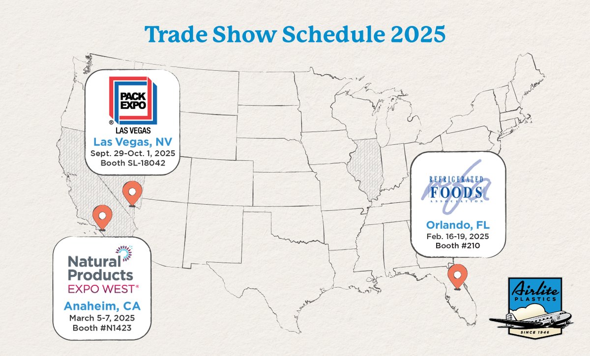 New year, new trade shows!

From Orlando to Anaheim, we'll be exhibiting at our favorite trade shows and would love to see you! Stop by anytime during show hours, or schedule a time to meet: 
airliteplastics.com/contact-us/

#PerformancePackaging #PackExpo #NaturalProductsExpoWest #RFA