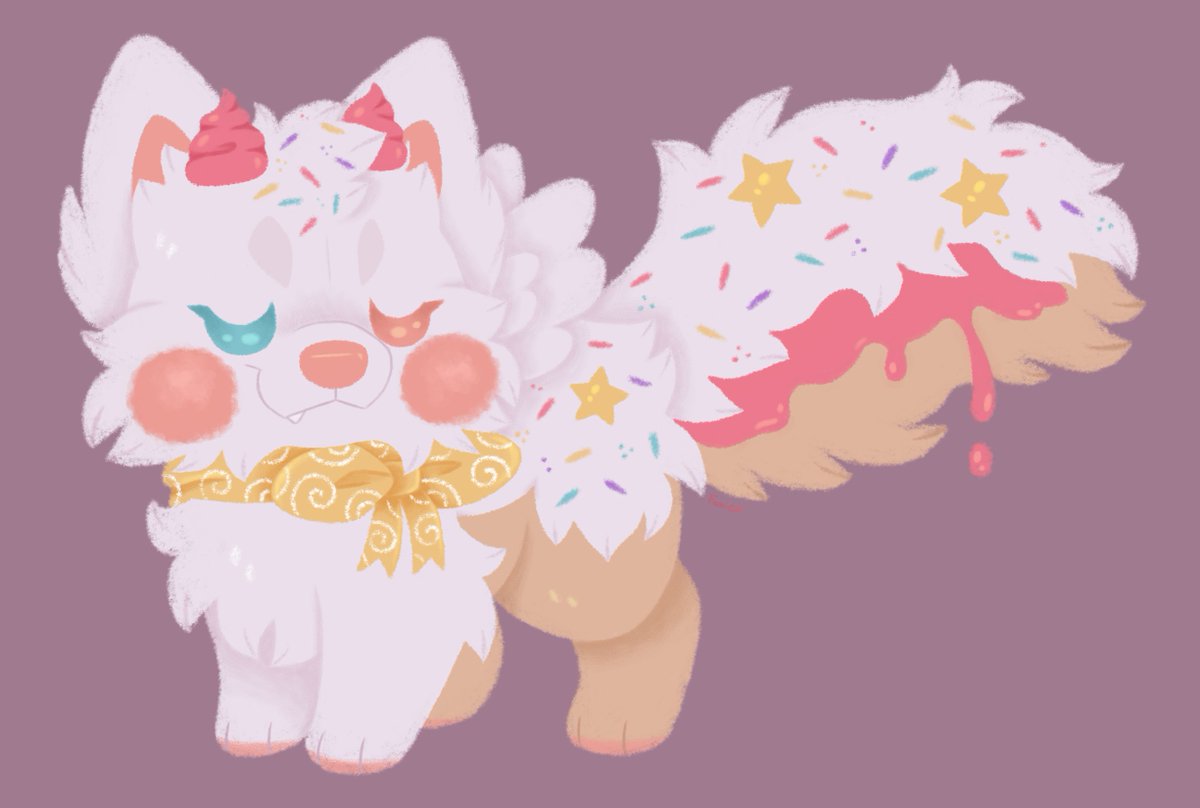 Personal art of my birthday cake themed little babeh! Isn't she the sweetest? 🩷

#oc #digitalart #originalcharacter #chibiart #artist #illustration #feral #dog