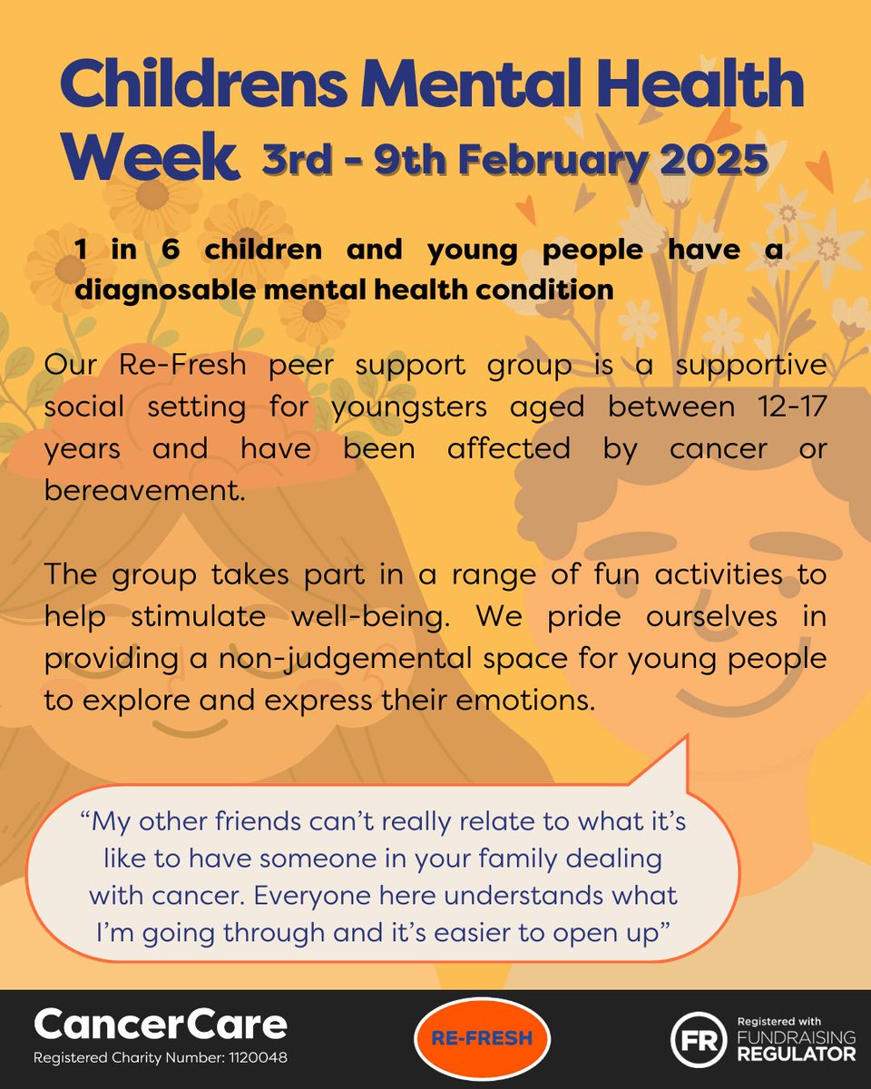 This week is Children’s Mental Health Week🧡

#CancerCare offers services for children and young people who have been affected by cancer or a bereavement of any kind. We are very proud that 2025 is our 20th year of delivering children’s services within our local community.