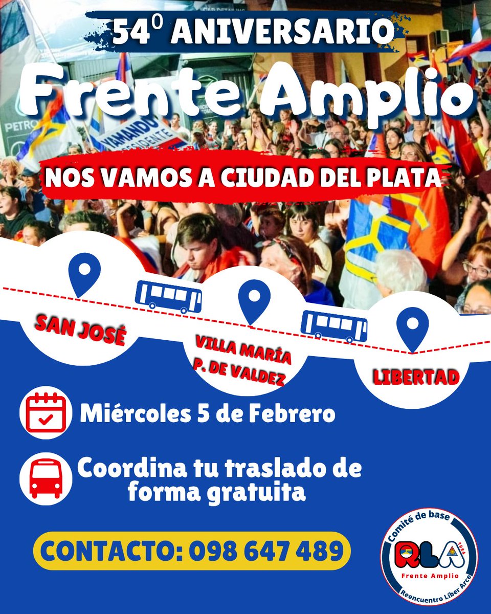 El próximo Miércoles 5 de Febrero nuestra fuerza política festeja sus 54 años de vida en Ciudad del Plata.
Hablarán nuestros 3 candidatos/as a la Intendencia:
María Noel Battaglino
Federico Diana
Ofelia Umpierrez
Y el presidente del FA; Fernando Pereira!