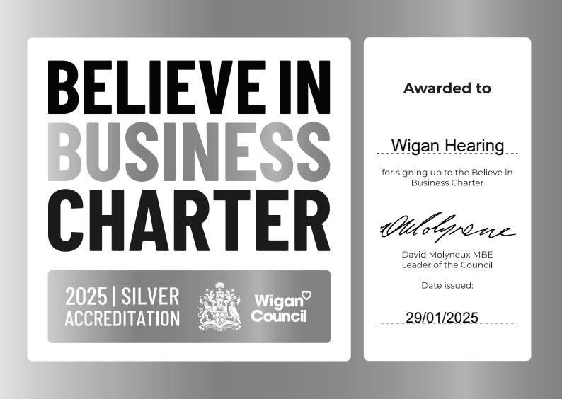 We are proud to be awarded the silver accreditation!

#believeinbusinesscharter #standishbusiness #standish #SupportSmallBusiness #wigansmallbusiness #familybusiness #independent #independant #local #wiganhearing #shoplocal #wiganbusiness #wigan #familyowned #connectingwigan