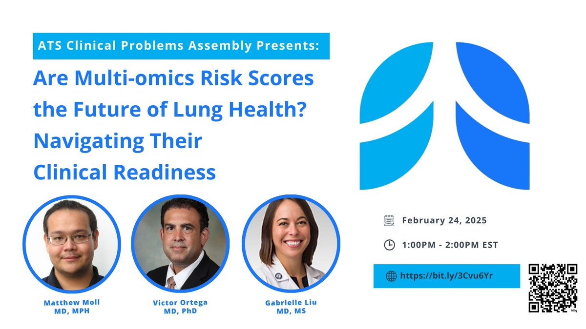📣Join us for our first webinar of the year! 
"Are Multi-omics Risk Scores the Future of Lung Health? Navigating Their Clinical Readiness" 🫁
🗓️2/24/2025, 1PM EST
Panelists: <a href="/GLiunit/">Gabby Liu</a> , <a href="/MattMollpulmccm/">Matthew Moll, MD, MPH</a>, #VictorOrtega 
Register 🔗 bit.ly/3Cvu6Yr