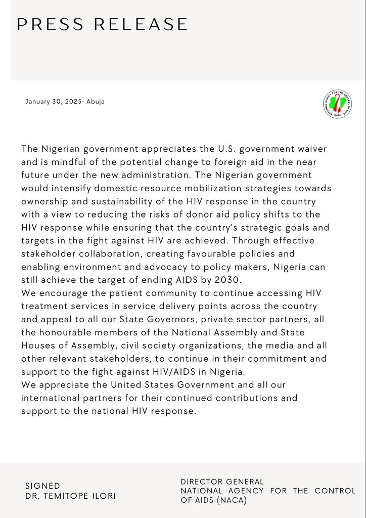 PRESS RELEASE!!!!
NACA Responds to President Trump’s Executive Order on Freezing Foreign Aid for 90 Days.

#endhiv
#AIDSfreeGeneration