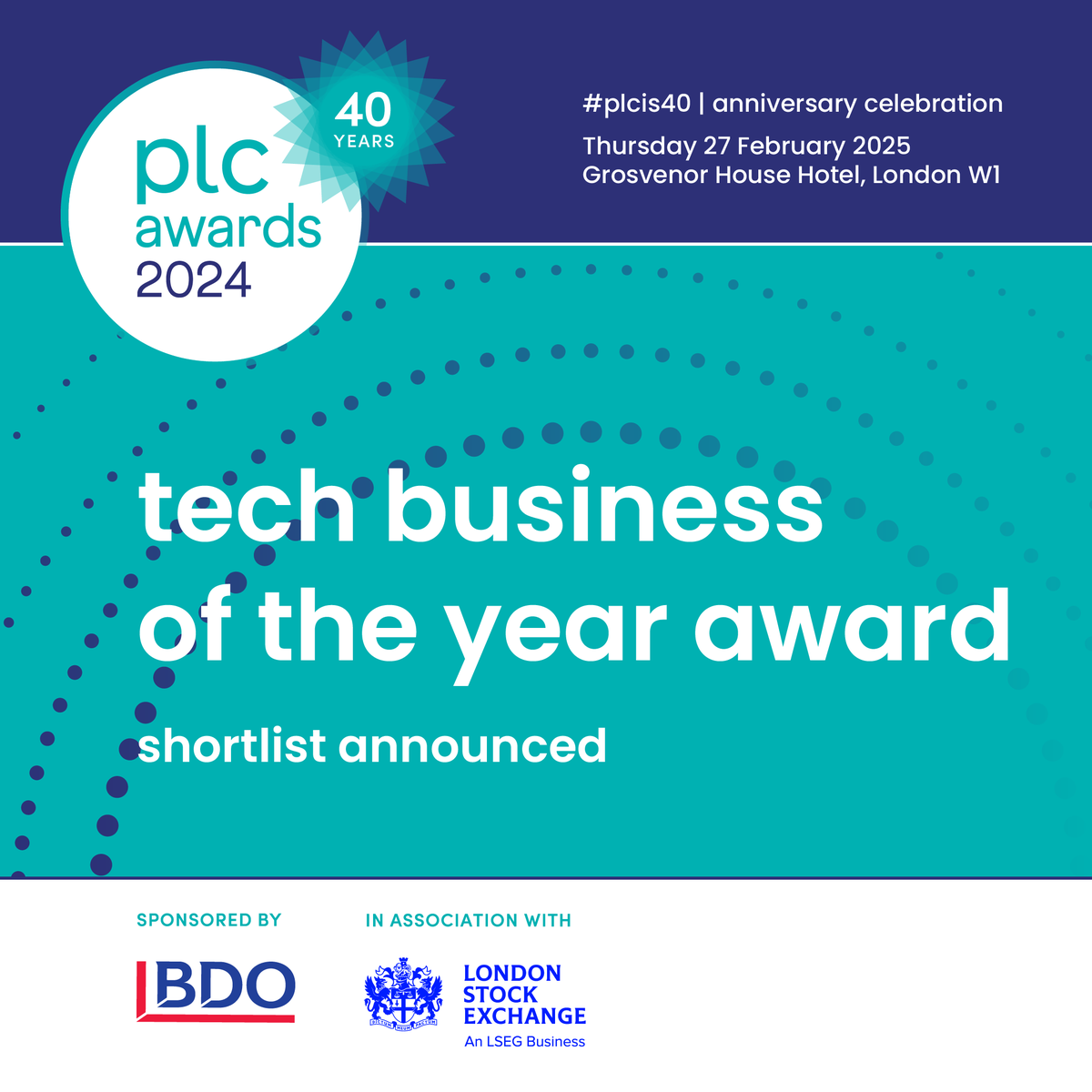 Please congratulate the finalists shortlisted for this year's tech business of the year award, sponsored by RMS Partners. They are Alpha Financial Software, Baltic Classifieds Group <a href="/nanopore/">Oxford Nanopore</a> <a href="/RELXHQ/">RELX</a> <a href="/rightmove/">Rightmove</a>  <a href="/sageuk/">Sage UK</a> <a href="/Trustpilot/">Trustpilot</a> . Winner  revealed on 27 February! #plcis40