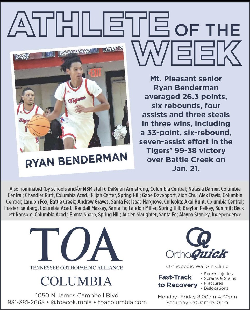 Maurice Patton (@mopatton_sports) on Twitter photo Mt. Pleasant senior Ryan Benderman is the <a href="/MainStreetMaury/">Main Street Maury</a> <a href="/tennessee_ortho/">TN Orthopaedic</a> Athlete of the Week for Jan. 20-26 … <a href="/MPHSGoTigers/">Mt. Pleasant High</a> <a href="/MS_SportsToday/">Main Street Sports Today</a> <a href="/MainStreetPreps/">Main Street Preps</a> Mt. Pleasant senior Ryan Benderman is the <a href="/MainStreetMaury/">Main Street Maury</a> <a href="/tennessee_ortho/">TN Orthopaedic</a> Athlete of the Week for Jan. 20-26 … <a href="/MPHSGoTigers/">Mt. Pleasant High</a> <a href="/MS_SportsToday/">Main Street Sports Today</a> <a href="/MainStreetPreps/">Main Street Preps</a>