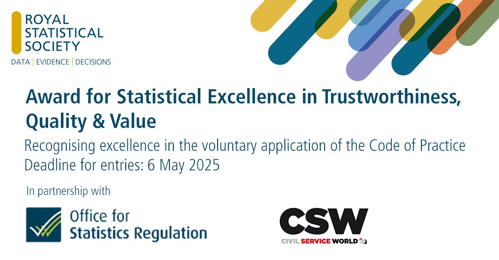 Royal Statistical Society (@royalstatsoc) on Twitter photo We're accepting entries for this year's Trustworthiness, Quality and Value Award, presented with <a href="/StatsRegulation/">Office for Statistics Regulation</a> & <a href="/CSWnews/">Civil Service World</a>
If you're an organisation that is going above & beyond in voluntarily applying the Code of Practice to your work then do apply!
rss.org.uk/news-publicati… We're accepting entries for this year's Trustworthiness, Quality and Value Award, presented with <a href="/StatsRegulation/">Office for Statistics Regulation</a> & <a href="/CSWnews/">Civil Service World</a>
If you're an organisation that is going above & beyond in voluntarily applying the Code of Practice to your work then do apply!
rss.org.uk/news-publicati…