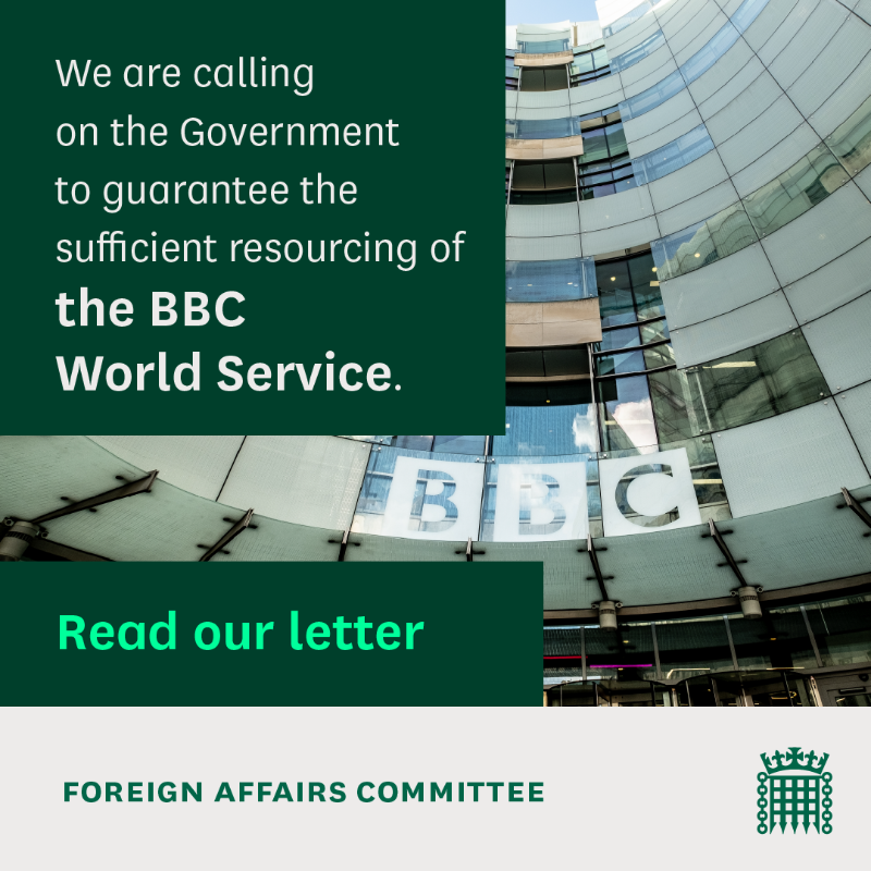 CommonsForeign's tweet photo. In a joint letter with @CommonsIDC and @CommonsCMS, we are urging the Government to guarantee funding to the BBC World Service.
 
Read the letter👇