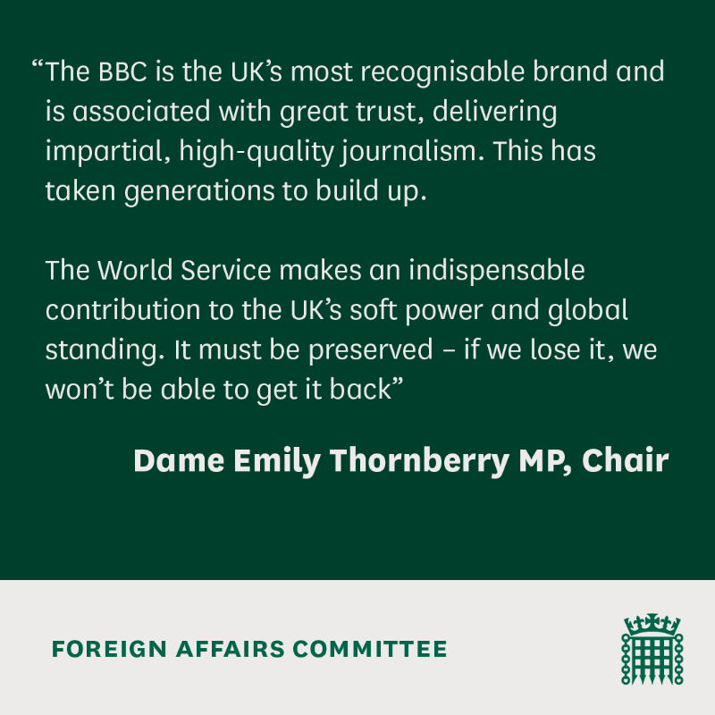 CommonsForeign's tweet photo. In a joint letter with @CommonsIDC and @CommonsCMS, we are urging the Government to guarantee funding to the BBC World Service.
 
Read the letter👇