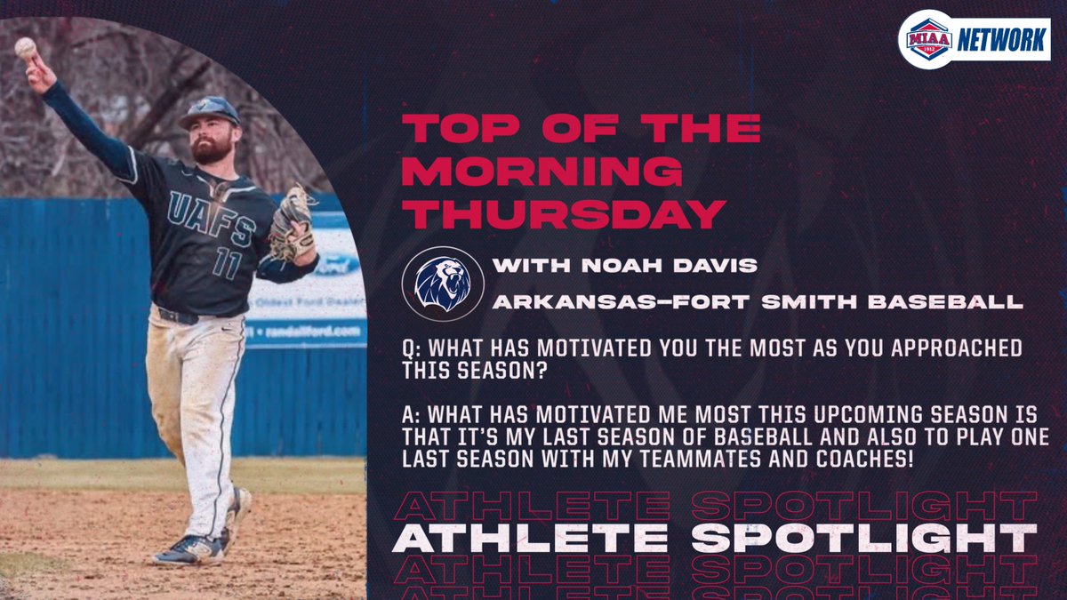 We also have our first-ever baseball Top of the Morning Thursday spotlight!

Arkansas-Fort Smith's Noah Davis is in his final season with the Lions. You can catch him in action at the Dugan Invitational this Friday and Saturday in Hot Springs, AR! ⚾️

#BringYourAGame