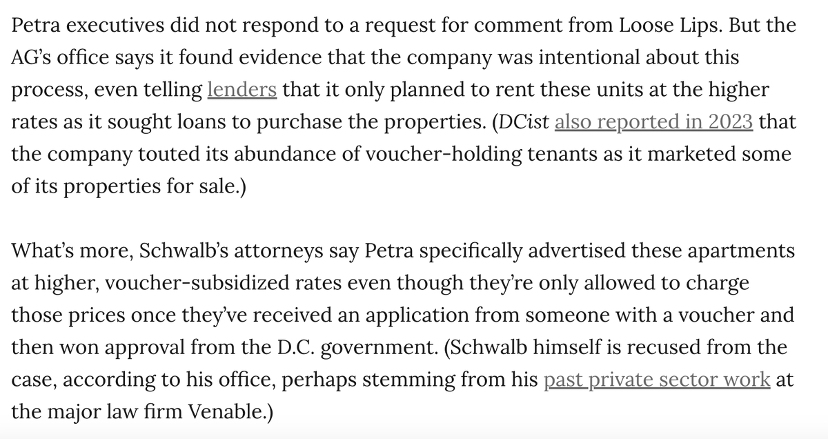 AlexKomaDC's tweet photo. DC pays outlandishly high rates to landlords who rent to tenants with housing vouchers.
@DCAttorneyGen says in a new lawsuit that Petra Management has been gaming that system, skirting rent control rules to win big payouts, discriminating against other tenants in the process: https://t.co/uT1C4sShaM