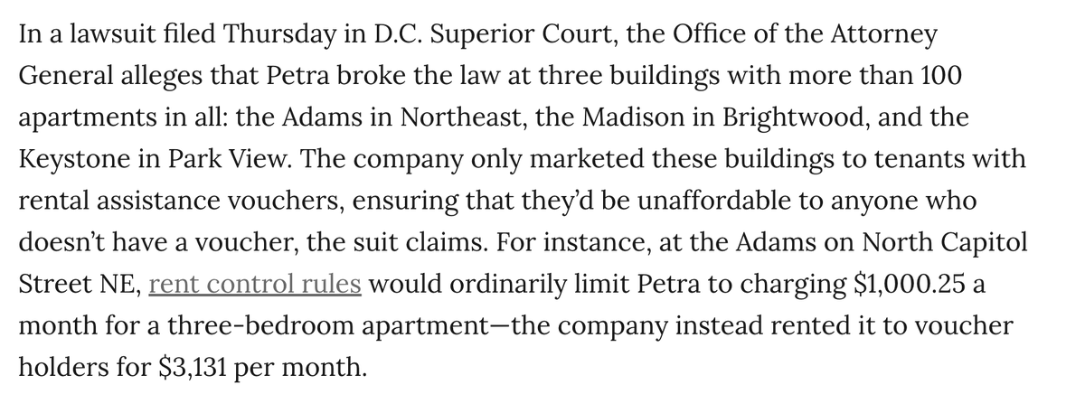 AlexKomaDC's tweet photo. DC pays outlandishly high rates to landlords who rent to tenants with housing vouchers.
@DCAttorneyGen says in a new lawsuit that Petra Management has been gaming that system, skirting rent control rules to win big payouts, discriminating against other tenants in the process: https://t.co/uT1C4sShaM