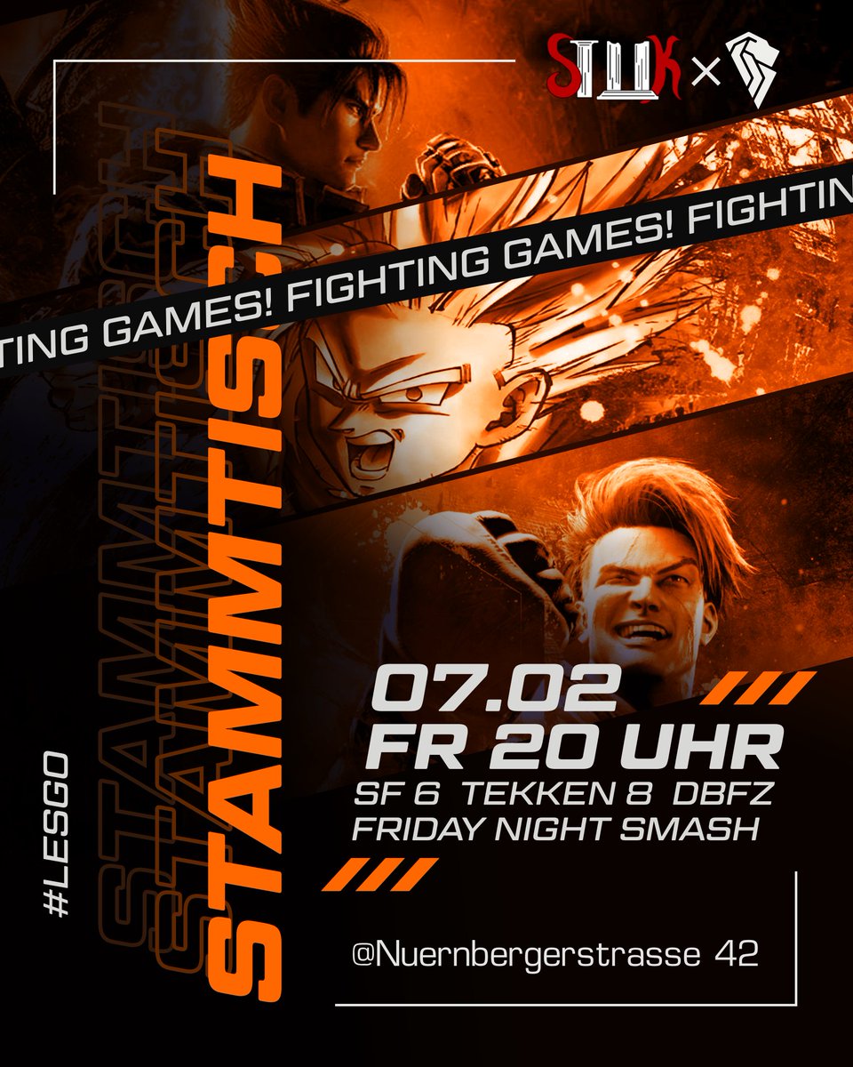 3, 2, 1... FIGHT! ⚔️
Kommt zu unserem Februar Stammtisch und zeigt Eure Skills in Fighting Games wie Street Fighter 6, Tekken 8 und Dragonball FighterZ. 💥
Freut euch auf ein Turnier und Beat The Pro neben dem Friday Night Smash. Weitere Infos vor Ort. 🙌
Wir freuen uns auf Euch!