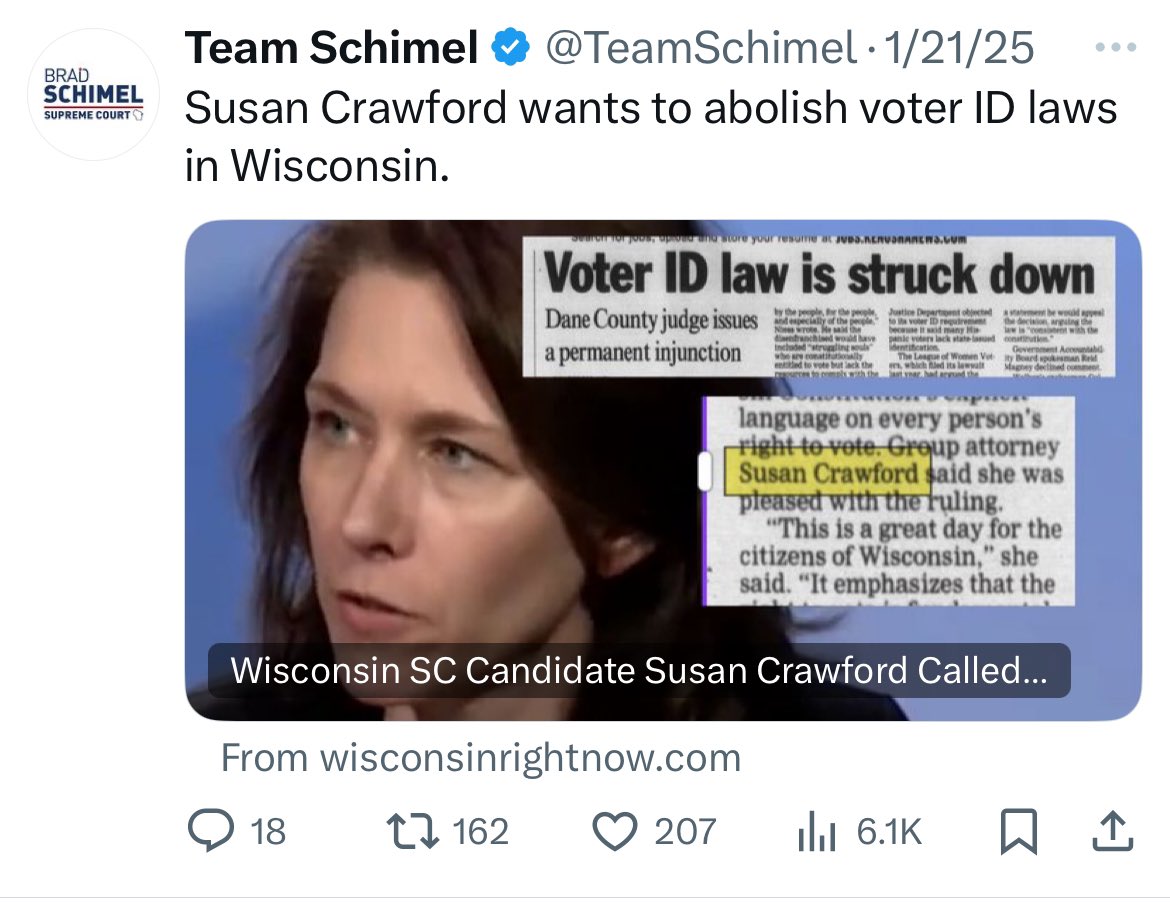 ScottPresler's tweet image. Judge Brad Schimel is running for the Supreme Court in Wisconsin.

🗓️Election Day is April 1st

If he doesn’t win, his opponent will help get rid of voter ID &amp;amp; redraw congressional maps to take away our majority.

Can we get 👉@TeamSchimel to 10,000 followers today?

📍Wisconsin