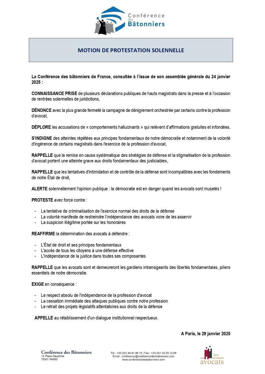 𝗟𝗲𝘀 𝗮𝘃𝗼𝗰𝗮𝘁𝘀, 𝗴𝗮𝗿𝗱𝗶𝗲𝗻𝘀 𝗱𝗲𝘀 𝗹𝗶𝗯𝗲𝗿𝘁𝗲́𝘀 𝗳𝗼𝗻𝗱𝗮𝗺𝗲𝗻𝘁𝗮𝗹𝗲𝘀 : 𝗠𝗼𝘁𝗶𝗼𝗻 𝗱𝗲 𝗽𝗿𝗼𝘁𝗲𝘀𝘁𝗮𝘁𝗶𝗼𝗻 𝘀𝗼𝗹𝗲𝗻𝗻𝗲𝗹𝗹𝗲
 
Les barreaux de Province et ultra-marins tirent la sonnette d’alarme.

Ces derniers jours, plusieurs déclarations
