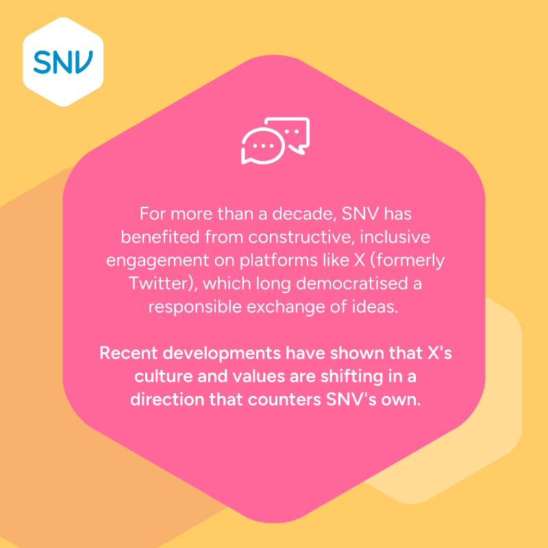 SNVworld's tweet photo. SNV is pausing activities on X to explore bluer skies. Recent developments have shown that X is rapidly changing into a platform that contradicts our culture and values. Thank you for being part of our journey and make sure you follow us on Bluesky as https://t.co/UrozqebJ1B.
