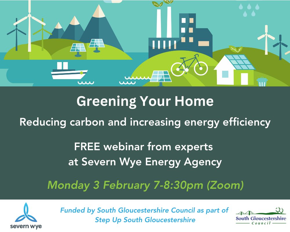 FREE #EnergySaving advice for #SouthGloucestershire residents. 

💸If you are looking to reduce your energy bills you can join the free online 'Greening Your Home' webinar with our experts. 
🗓️ Monday 3 February
🕛 7-8.30pm

👉 Book your free space: severnwye.org.uk/webinars