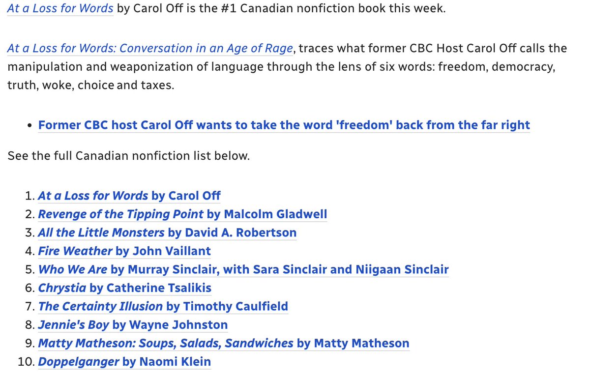 Great to see this today. 
At a Loss for Words is  #1 on CBC's bestsellers list. 
The list reflects strong sales by indie bookstores. They are the bedrock of Canadian book sales. Thank you buyers AND sellers.