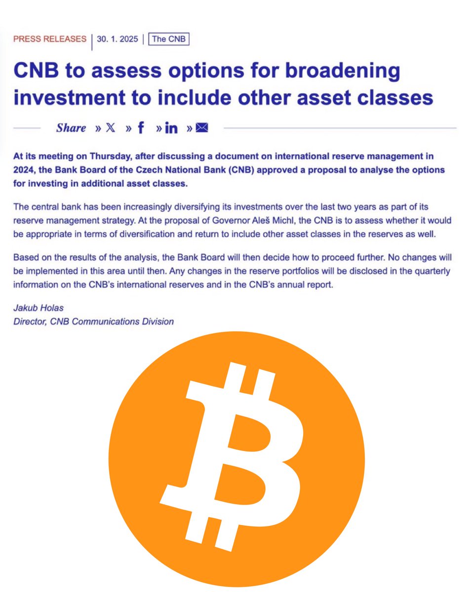 BREAKING:🇨🇿 Czech National Bank officially agrees to assess investing in additional asset classes including Bitcoin.
