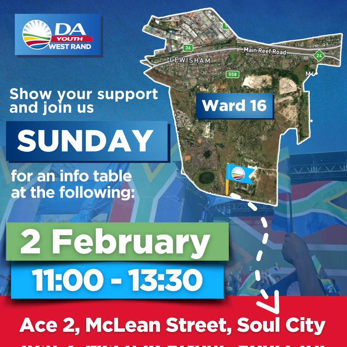 DaGpyouth's tweet photo. Join us Sunday for an info table in Soul City, Ward 16!

📆 Date: 2 February 

⌚ Time: 11:00 - 13:30

📍 Place: Ace 2, McLean Street, Soul City 

See you there! 💙 https://t.co/RmsfOiKnqH