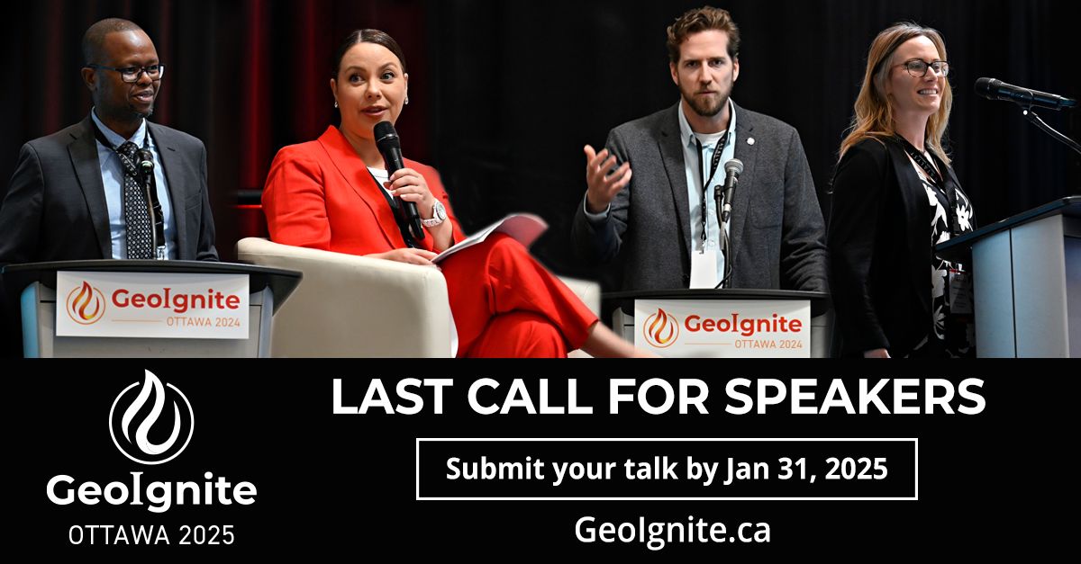 LAST CALL FOR SPEAKERS! Submit your talk by tomorrow to be part of #GeoIgnite2025, Canada’s National Geospatial Leadership Conference!
📅 Date: May 12-14, 2025
📍 Location: Ottawa
🎤  Submit your talk now: geoignite.ca
#GeospatialLeadership #TechForGood #Geospatial