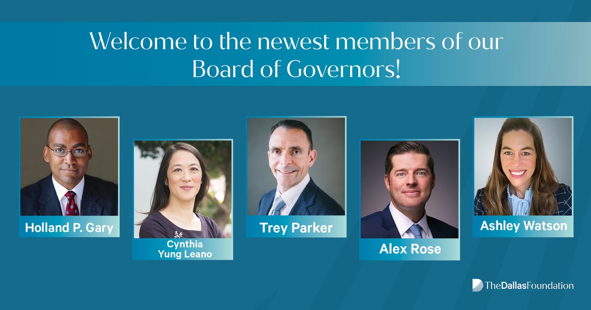 We’re excited to welcome our newest Board of Governors members: Holland Gary, Cynthia Yung Leano, Trey Parker, Alex Rose, and Ashley Watson!

Each of these remarkable leaders brings unique expertise and a shared passion for making a meaningful impact in Dallas!

#DallasImpact