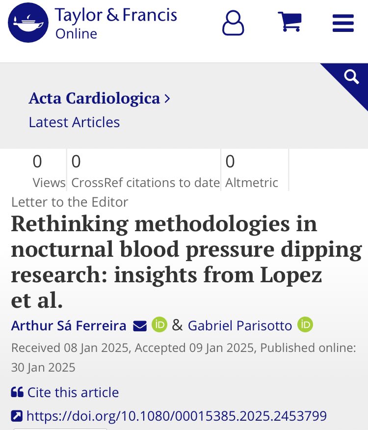 Rethinking methodologies in nocturnal blood pressure dipping research: insights from Lopez et al.

DOI: 10.1080/00015385.2025.2453799

Full text available for a limited period at

tandfonline.com/eprint/EH3HNTB…