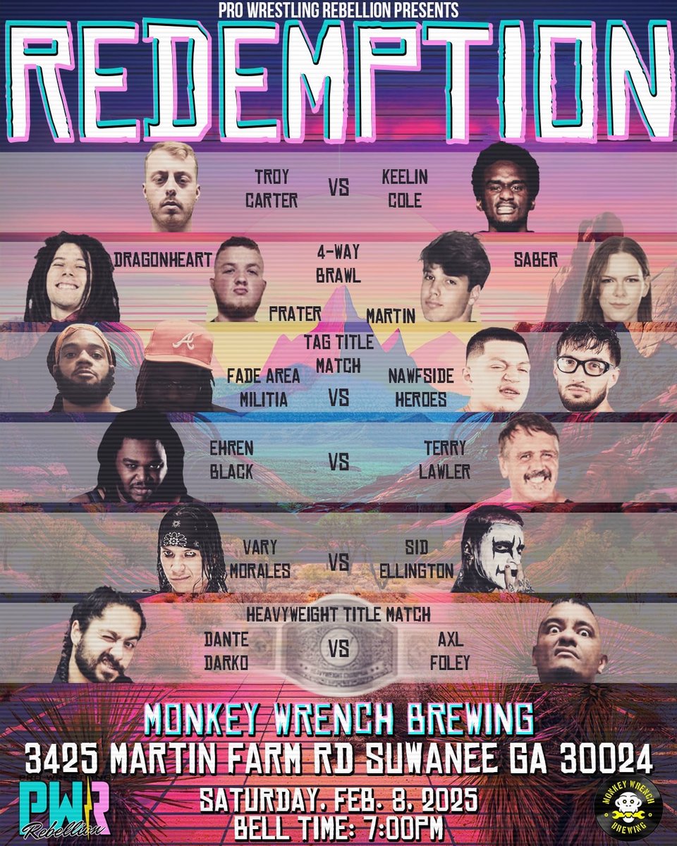 pw_rebellion's tweet image. Sat. Feb 8th 7PM
@MonkeyWrenchGA 
3425 Martin Farm RD.
Suwanee, GA

🎟️ simpletix.com/e/pro-wrestlin…