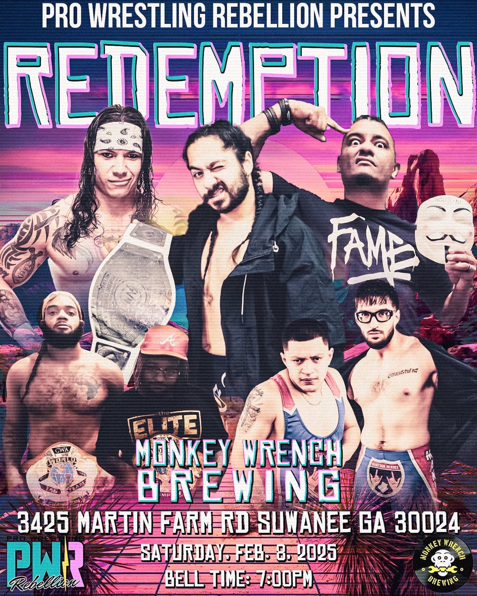 pw_rebellion's tweet image. Sat. Feb 8th 7PM
@MonkeyWrenchGA 
3425 Martin Farm RD.
Suwanee, GA

🎟️ simpletix.com/e/pro-wrestlin…