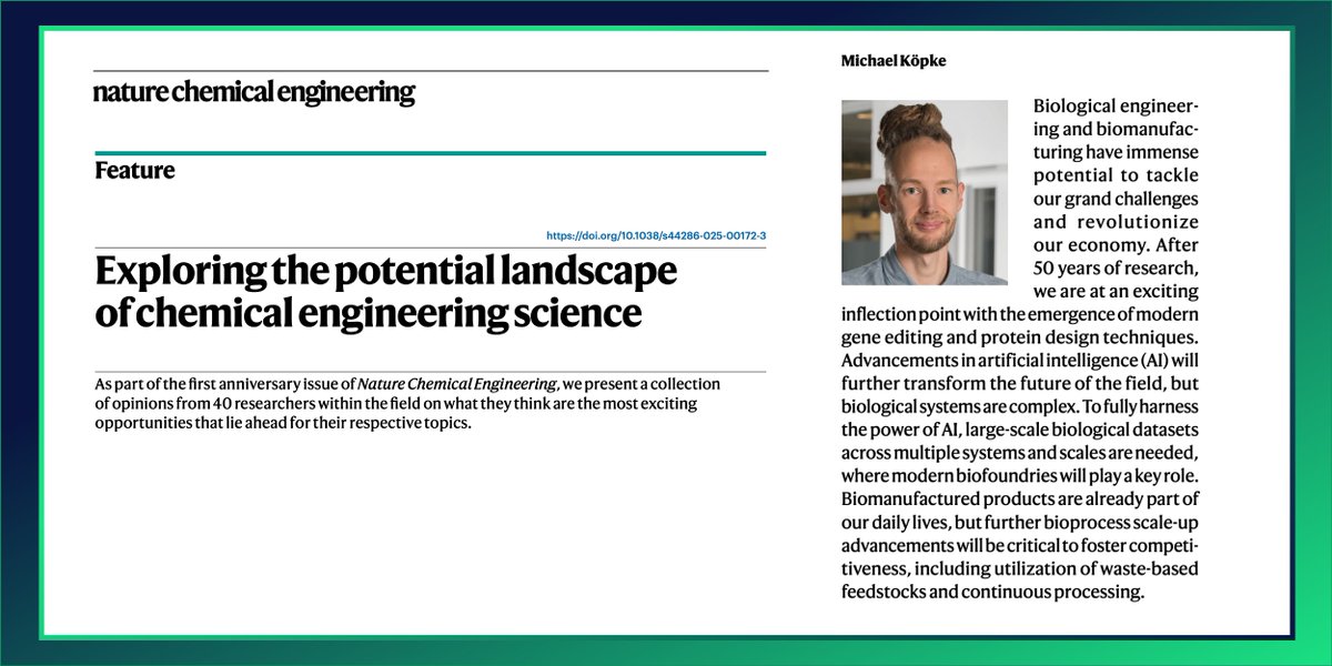 LanzaTech Global (@lanzatech) on Twitter photo What are the most exciting opportunities that lie ahead in the field of chemical engineering?
For the 1st anniversary issue of <a href="/NatChemEng/">Nature Chemical Engineering</a>, they asked 40 leading researchers in the field to share their opinions, including our CIO <a href="/MichaelKoepke80/">Michael Köpke 🏭💨+🧬🦠=♻️⛽🧴🧵</a>!
➡️ nature.com/articles/s4428… What are the most exciting opportunities that lie ahead in the field of chemical engineering?
For the 1st anniversary issue of <a href="/NatChemEng/">Nature Chemical Engineering</a>, they asked 40 leading researchers in the field to share their opinions, including our CIO <a href="/MichaelKoepke80/">Michael Köpke 🏭💨+🧬🦠=♻️⛽🧴🧵</a>!
➡️ nature.com/articles/s4428…