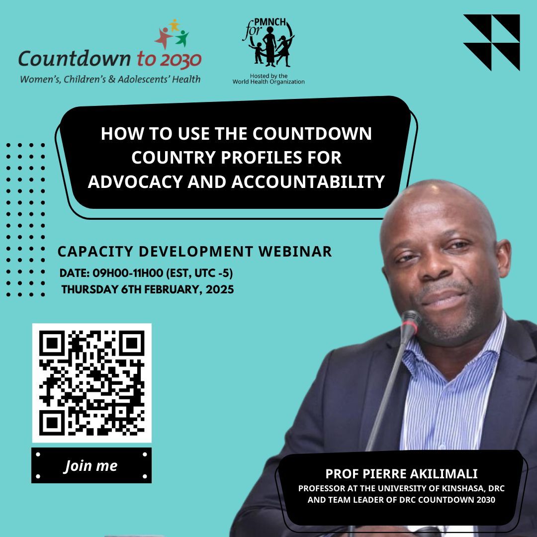Countdown to 2030 (@countdown2030) on Twitter photo Join <a href="/PierreAkilimal1/">Pierre Akilimali, MD.PhD</a>, Professor at the University of Kinshasa <a href="/Esp_Kin/">Ecole de Santé Publique de Kinshasa-ESP</a> & #DRC Countdown team lead, at the <a href="/PMNCH/">PMNCH</a> webinar on Feb 6! Hear insights on using data to drive accountability & improve maternal, newborn & child health.📊
🔗 Register now: buff.ly/40B9d7C Join <a href="/PierreAkilimal1/">Pierre Akilimali, MD.PhD</a>, Professor at the University of Kinshasa <a href="/Esp_Kin/">Ecole de Santé Publique de Kinshasa-ESP</a> & #DRC Countdown team lead, at the <a href="/PMNCH/">PMNCH</a> webinar on Feb 6! Hear insights on using data to drive accountability & improve maternal, newborn & child health.📊
🔗 Register now: buff.ly/40B9d7C