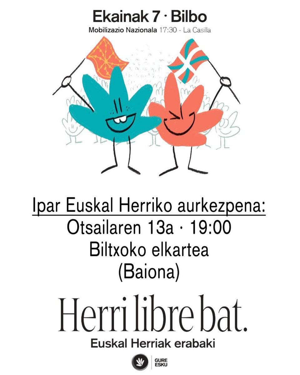 🖐🏻Herri libre baten bidean lan egiteko garaia da!

Hego Euskal Herrian aritu ondoren, Ipar Euskal Herrira goaz. Aurkezpena: otsailaren 13an, Baionan.

Euskal Herri libre bat nahi baduzu etorri eta hasi gurekin batera lanean!🫵🏼

#E7Bilbora #HerriLibreBat
#EuskalHerriakErabaki