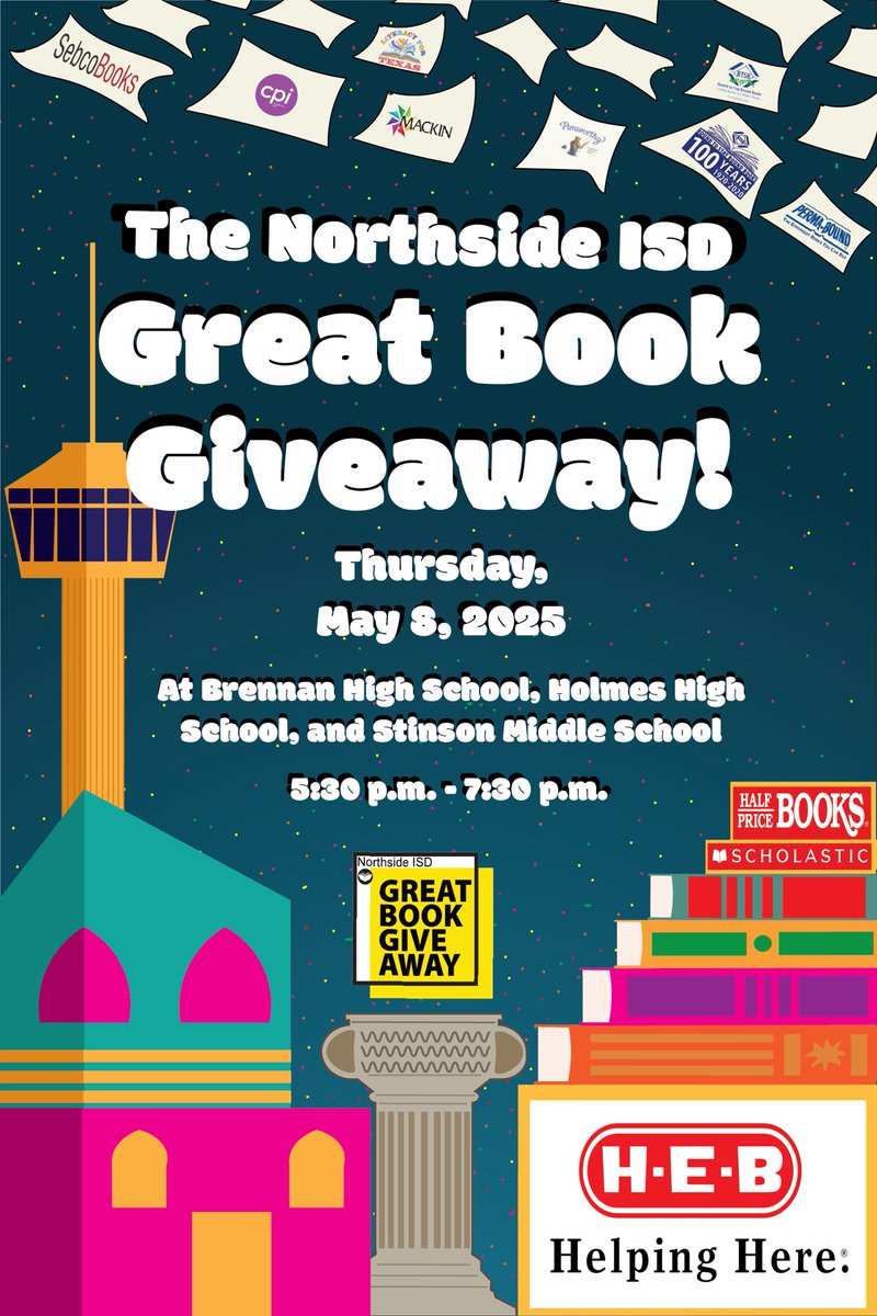 The <a href="/NISD/">Northside ISD</a> Great Book Giveaway is Back May 8th: 5:30-7:30 <a href="/NISDBrennan/">Brennan High School</a> <a href="/NISDHolmes/">NISD Holmes</a> <a href="/CarolHarle1/">Carol Harle, Ph.D.</a> <a href="/mysapl/">San Antonio Public Library</a> <a href="/TheLopezBHS/">Felipe lopez M. Ed.</a> <a href="/BTVBears/">Brennan TV</a> <a href="/BrennanSerna/">SernaBrennan</a> <a href="/HEB/">H-E-B</a> <a href="/nisdelemelar/">Elementary ELAR</a> <a href="/DianaEly1/">Diana Ely</a> Free Bag of Books for each student who attends.