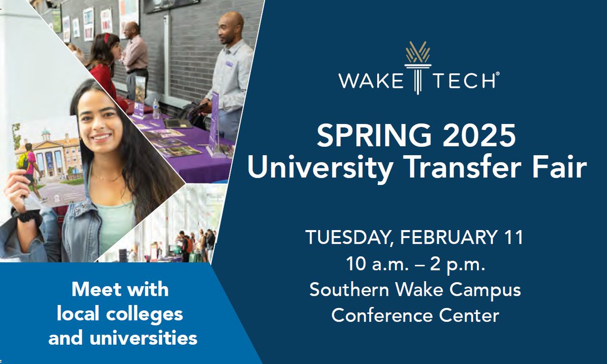Save the date for the Spring 2025 University Transfer Fair on Feb. 11 at 10am! Meet with local university reps. to learn more about the transfer process &amp; requirements.  #waketechadvising #transferfair

⏰Tuesday, February 11, 10am-2pm
📍Southern Wake Campus, Conference Center