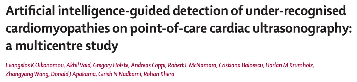 Evangelos K. Oikonomou (@ekoikonomou) on Twitter photo (1/n) Can #AI-enhanced #POCUS detect under-diagnosed cardiomyopathies?
In <a href="/LancetDigitalH/">The Lancet Digital Health</a>, we report our findings using #AI to screen for ATTR-CM and HCM using >90k POCUS videos across the EDs of 2 health systems.
Link: tinyurl.com/2un77mca
<a href="/cards_lab/">CarDS Lab</a> <a href="/rohan_khera/">Rohan Khera</a>
🧵⬇️ (1/n) Can #AI-enhanced #POCUS detect under-diagnosed cardiomyopathies?
In <a href="/LancetDigitalH/">The Lancet Digital Health</a>, we report our findings using #AI to screen for ATTR-CM and HCM using >90k POCUS videos across the EDs of 2 health systems.
Link: tinyurl.com/2un77mca
<a href="/cards_lab/">CarDS Lab</a> <a href="/rohan_khera/">Rohan Khera</a>
🧵⬇️